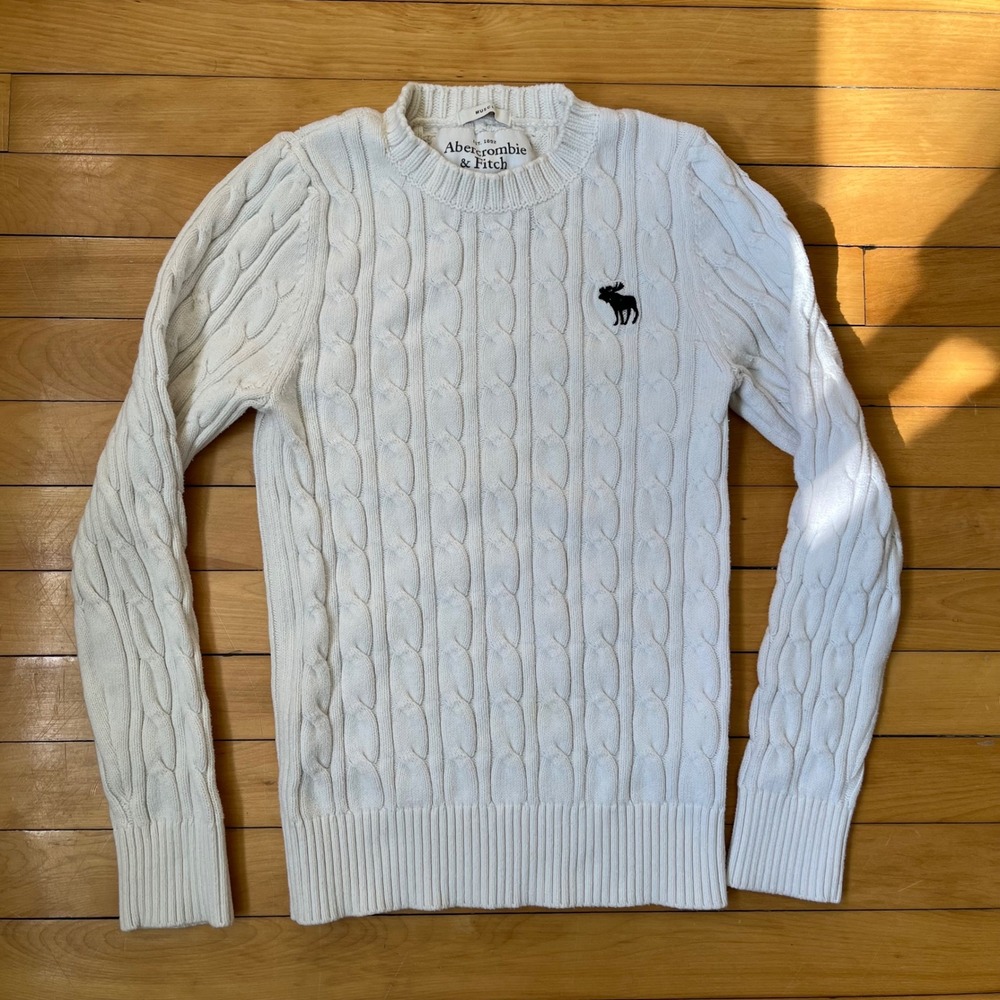 Abercrombie & Fitch Y2K Muscle Fit Cable Knit Sweater White Crew Neck Moose M